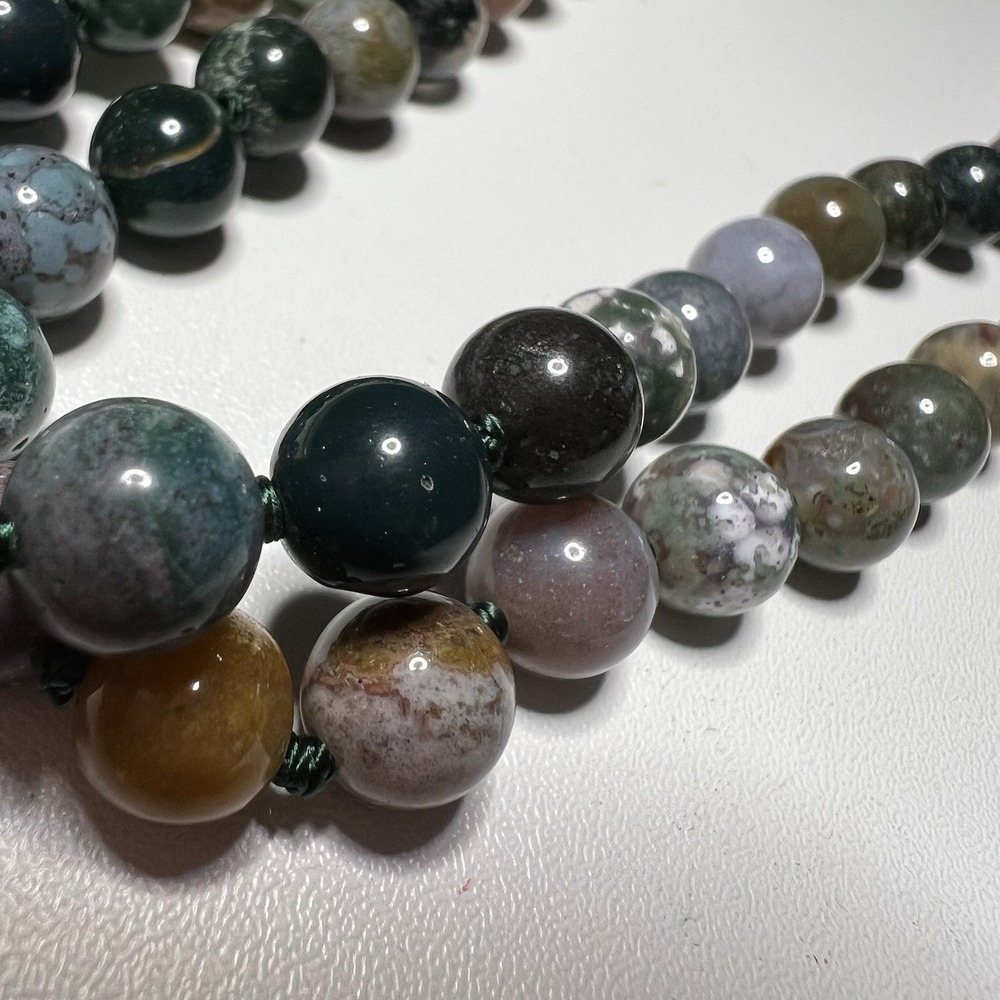 Vintage Indian Agate Necklace Hand‎ Knotted Natural Gemstone Beads Green Earthy